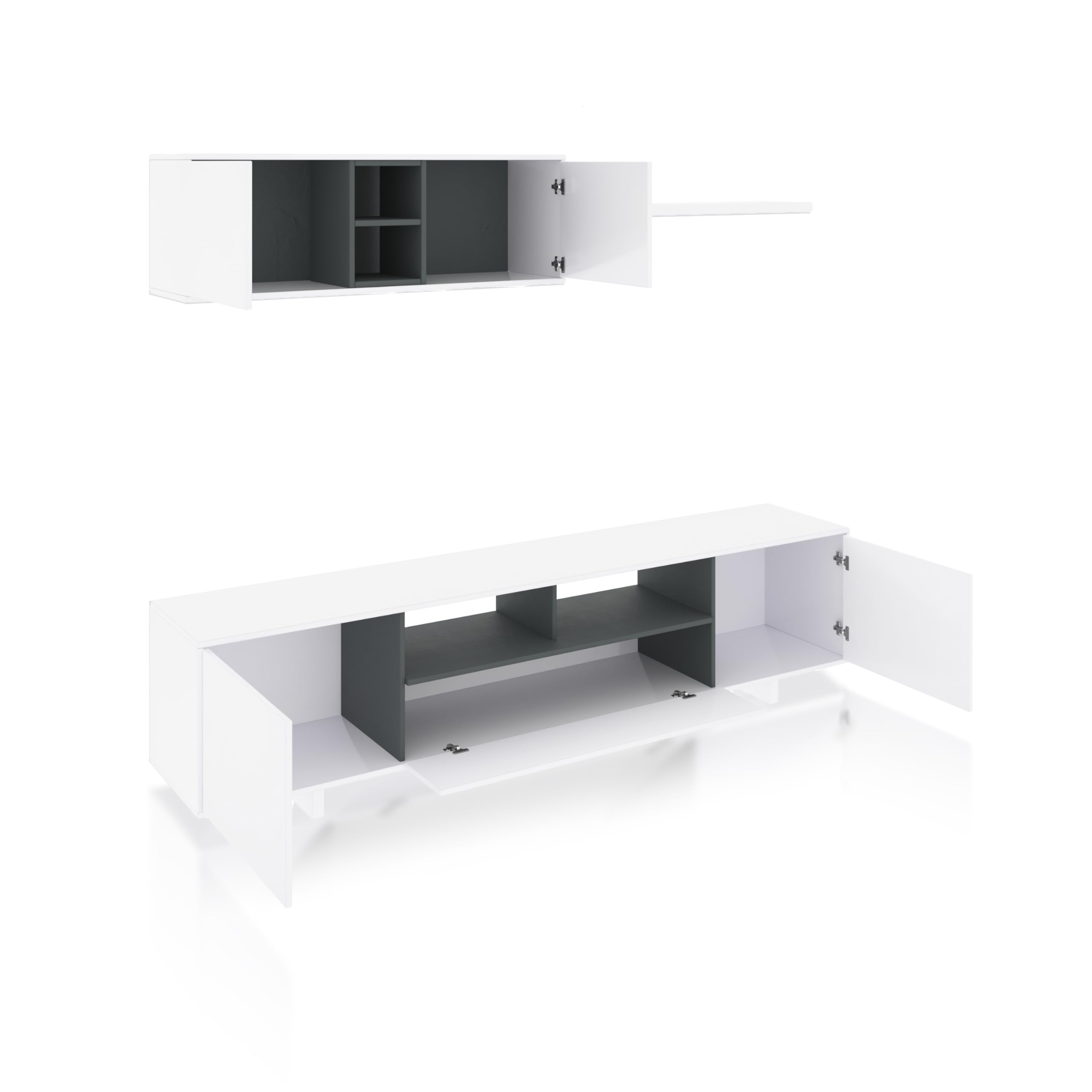 duehome | Mueble de Salon Moderno, Modulos Comedor, Modelo Kenzo, Acabado en Blanco Brillo y Gris Antracita, Medidas: 200 cm (Ancho) x 41 cm (Fondo) x 46 cm (Alto)