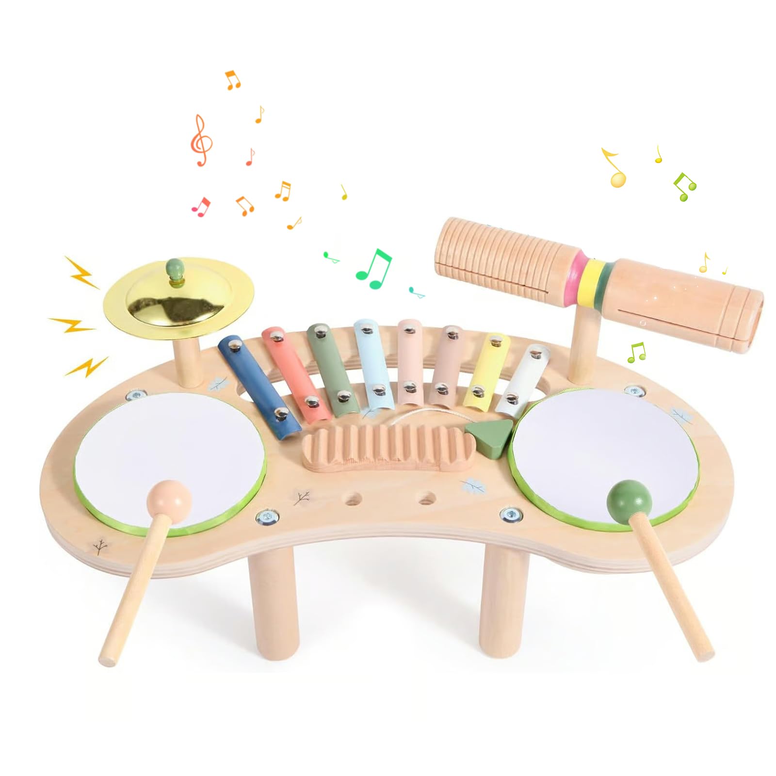 7 in 1 Wooden Drum Set Acoustic Percussion Instrument Set with Xylophone 2 Drums Cymbal Scratch Board and
