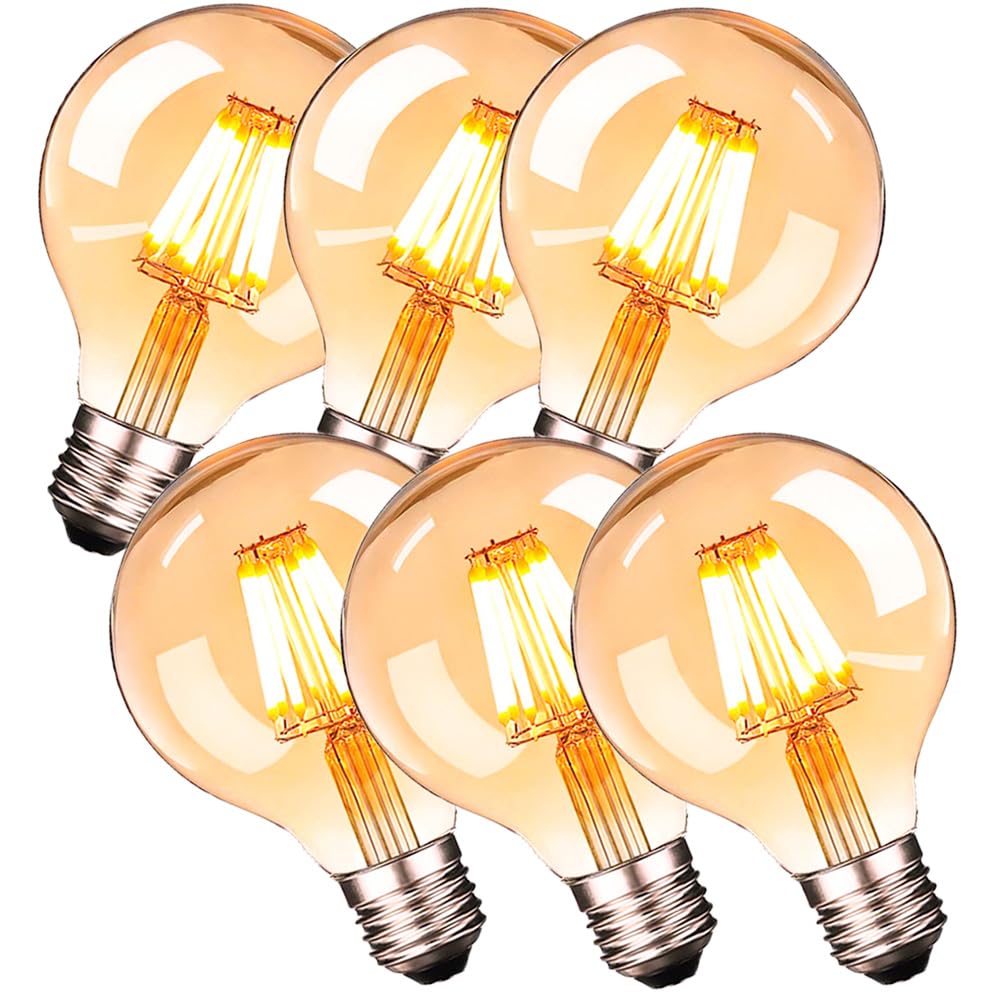 6 pezzi Lampadine LED Edison E27 Vintage, 6W 600Lm G80 Lampadina LED a Filamento Grande Globo Retrò, Bianco Caldo 2700K, Vintage Decorativa Globo,Vetro Ambrato Non Dimmerabile