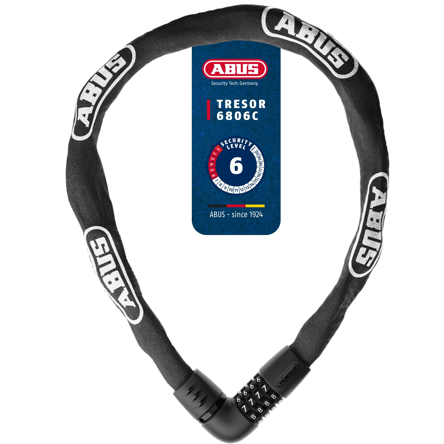 ABUS Kettenschloss Tresor 6806C, Länge 85 cm, schwarz | Fahrradschloss mit komfortabler Verriegelung, 4-stelligem Zahlencode, 6 mm Vierkantkette, Abtastschutz