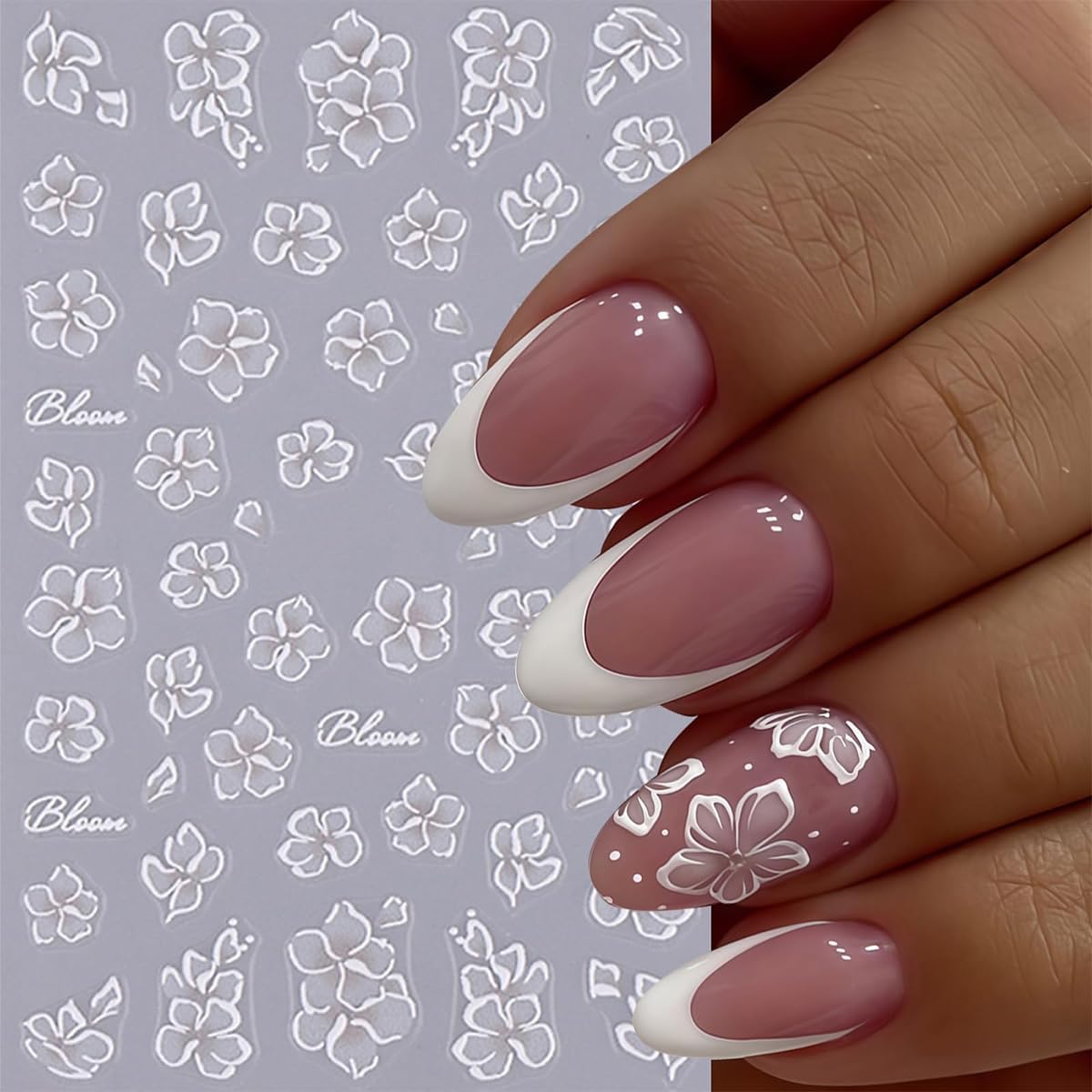 Flower Nail Art Stickers, White Flower Nail Decals 3D Self Adhesive with French Floral Daisy Design 3Pcs Spring Summer Nail Art Supplies for Women Girls Spring Summer Nail Decoration