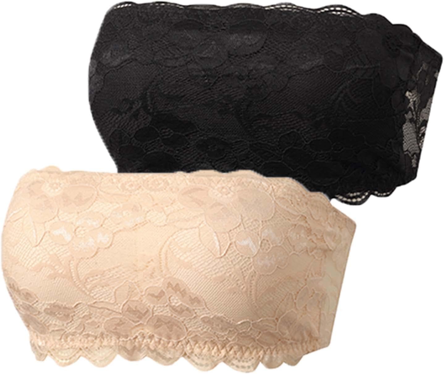 Sexy Lace Bandeau Bra Strapless Tube Top Padded Bralette Seamless Wrapped Breast Bra Stretchy Chest Wrap, One Size