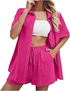 2025 Traje casual de moda de vacaciones para mujer, color sólido, pantalones cortos de verano y camisa, conjuntos de dos piezas, camisa de solapa, trajes delgados, juego de entrenamiento a juego
