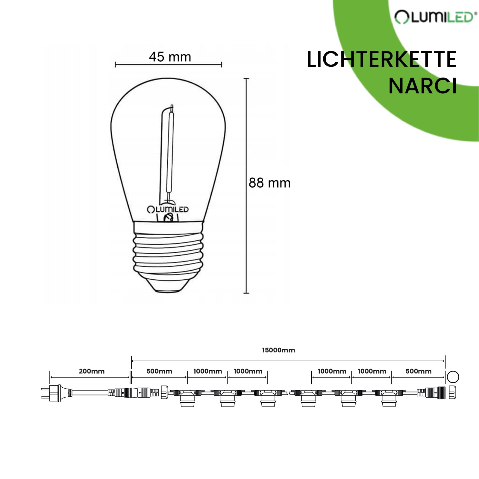 Lumiled Lichterkette Außen 15 Meter mit 15 E27 LED 1W Glühbirne Warmweiß 2700K 230V Birnen für Garten Biergarten Party Hochzeit Dekoration Terrasse verlängerbar mit Strom
