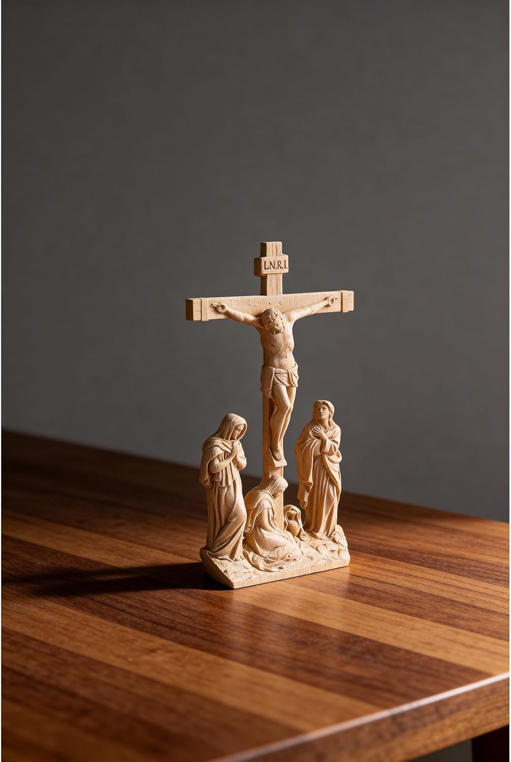 ASTARIKO Wooden Standing Crucifix with Dark Wooden Base - 10.8" Hand-Carved Catholic Table Jesus Cross, Altar Calvary Scene, Religious Home Decor & Gifts (Natural)