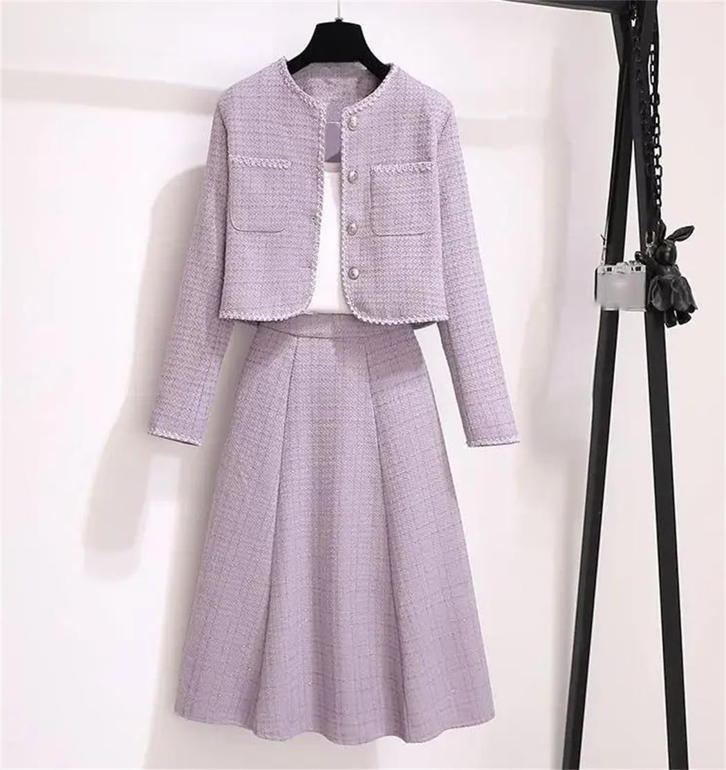 Women's Tweed 2 Piece Set Tops and Skirt Autumn Fashion Plus Size Outfit Suits