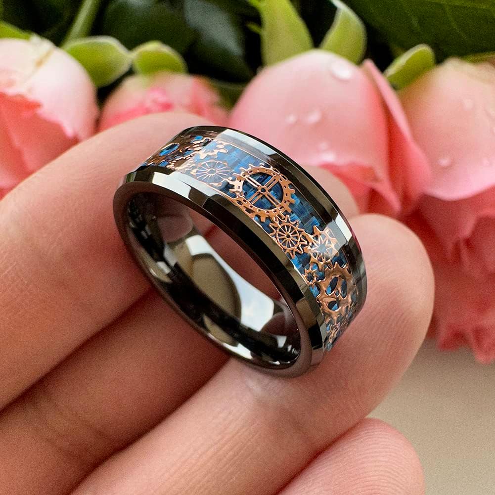8mm Gunmetal Tungsten Rings for Men Women Wedding Bands Blue Green Red Carbon Fiber Steampunk Gear Inlay Beveled Edges Polished Comfort Fit - Image 2