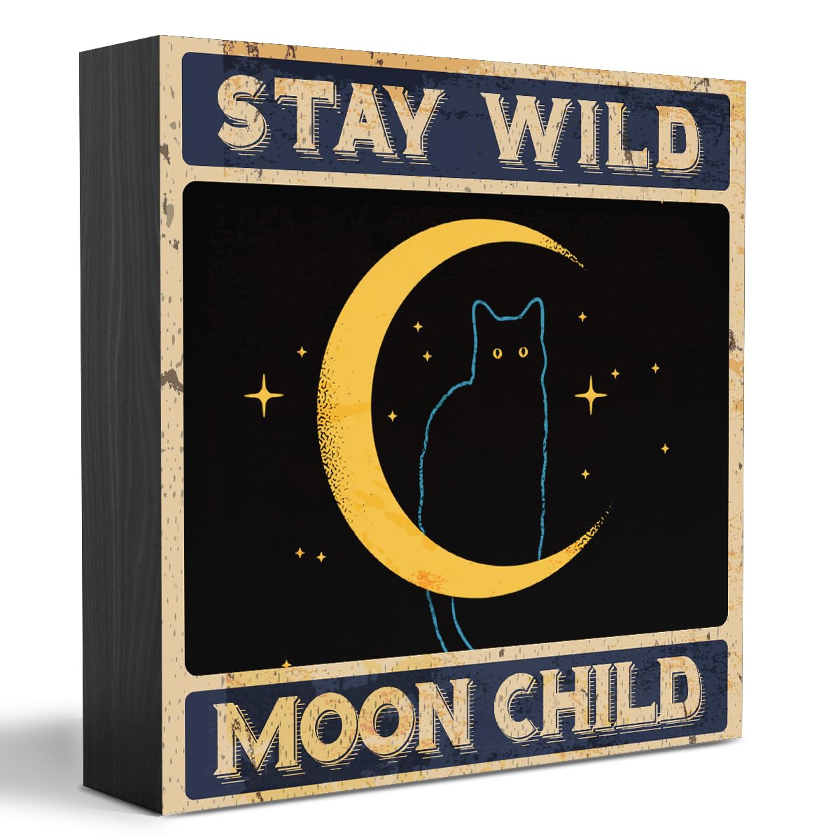QIONGQIRetro Black Cat and Moon Wooden Box Sign Table Decor Plaque Stay Wild Moon Child Wood Box Sign Art Home Shelf Desk Decoration 5 x 5 Inches