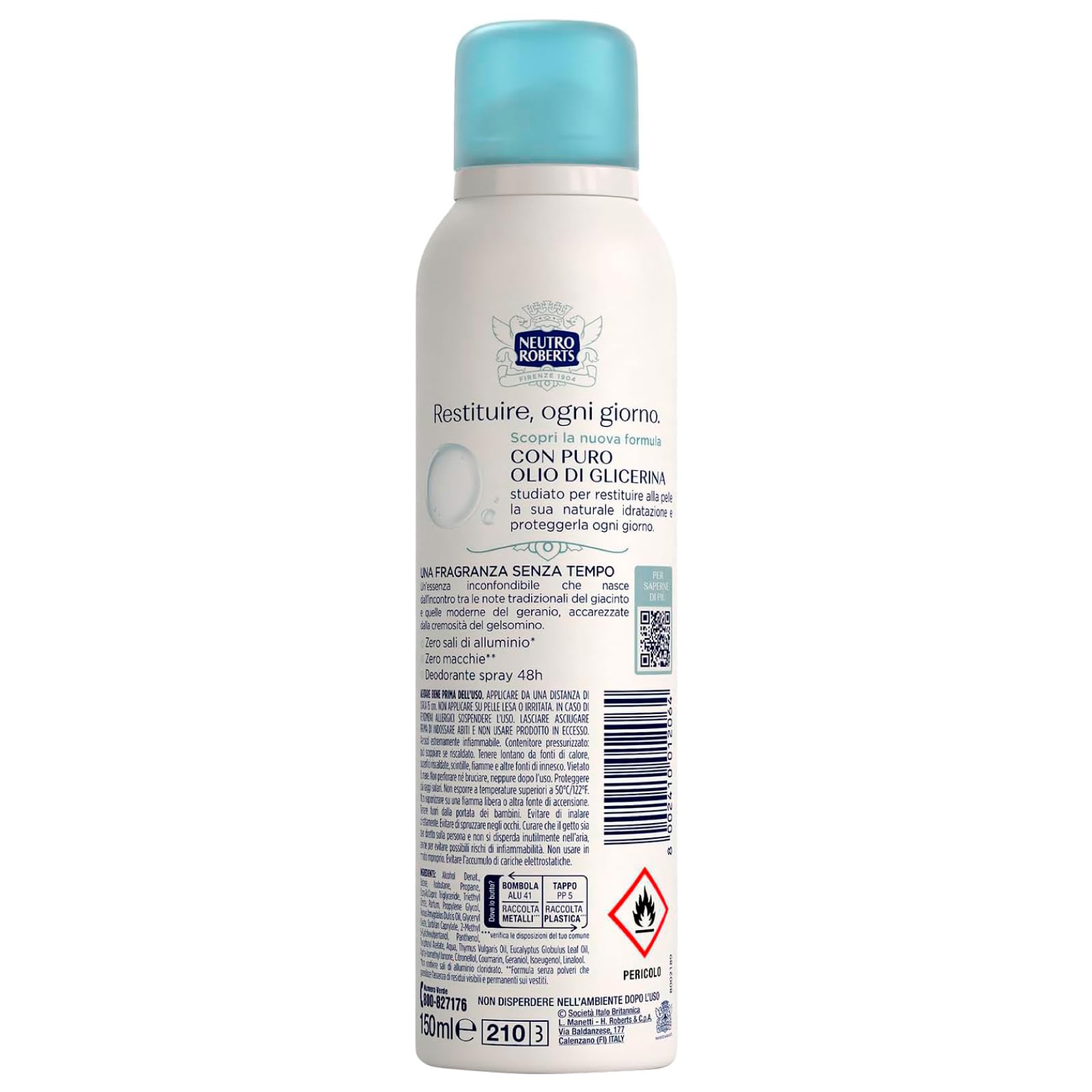 Neutro Roberts Deodorante Spray Fresco Blu Classico Deo 48h Senza Sali di Alluminio per la Naturale Traspirazione della Pelle Formula Senza Polveri Non Lascia Macchie sui Vestiti - 8 Flaconi da 150ml