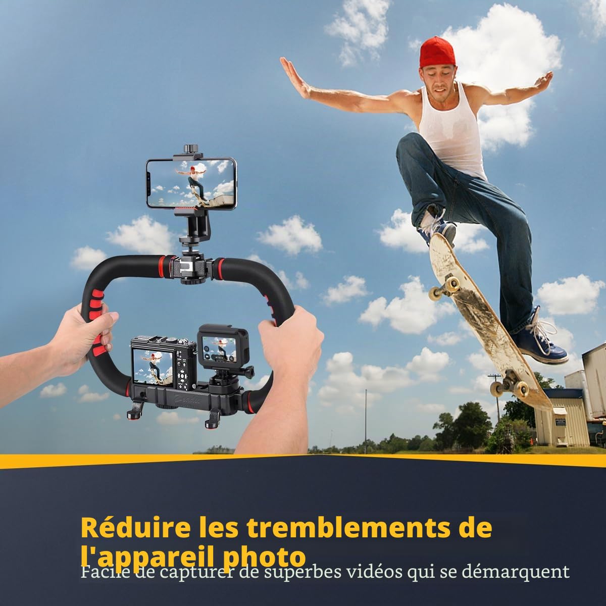 Zeadio Stabilisateur de caméra pour Smartphone, poignée Pliable à poignée avec rig vidéo portatif et étui de Transport, Convient à Toutes Les caméras, caméscopes, Les Smartphones iPhone et Android