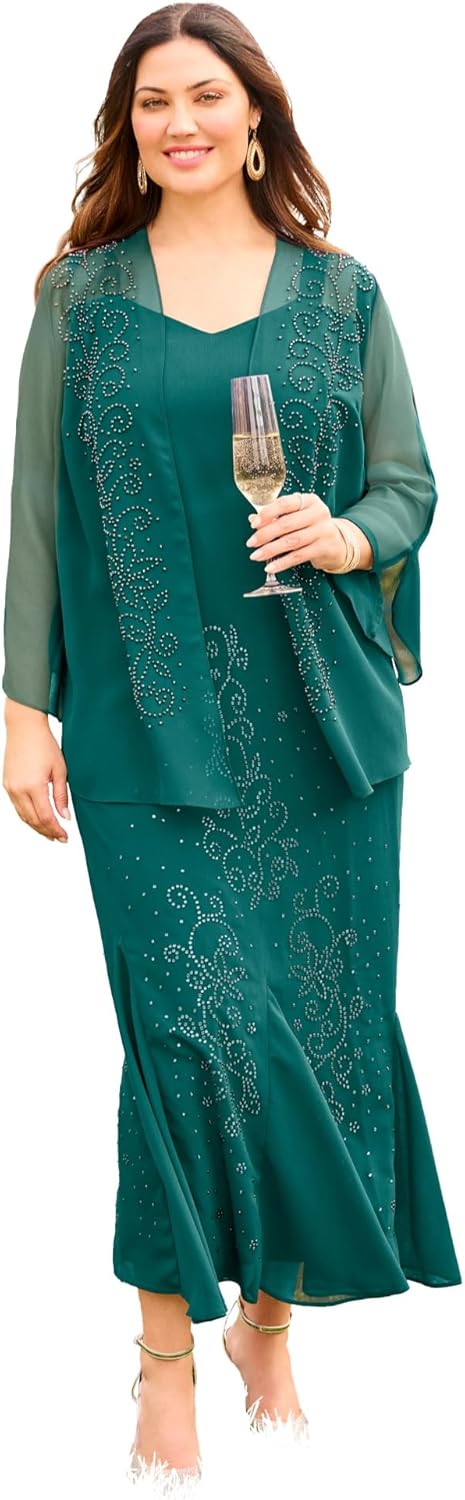 Women's Plus Size Masquerade Beaded Dress Set with Jacket (Petite Available) - 24 WP, Mariner Navy