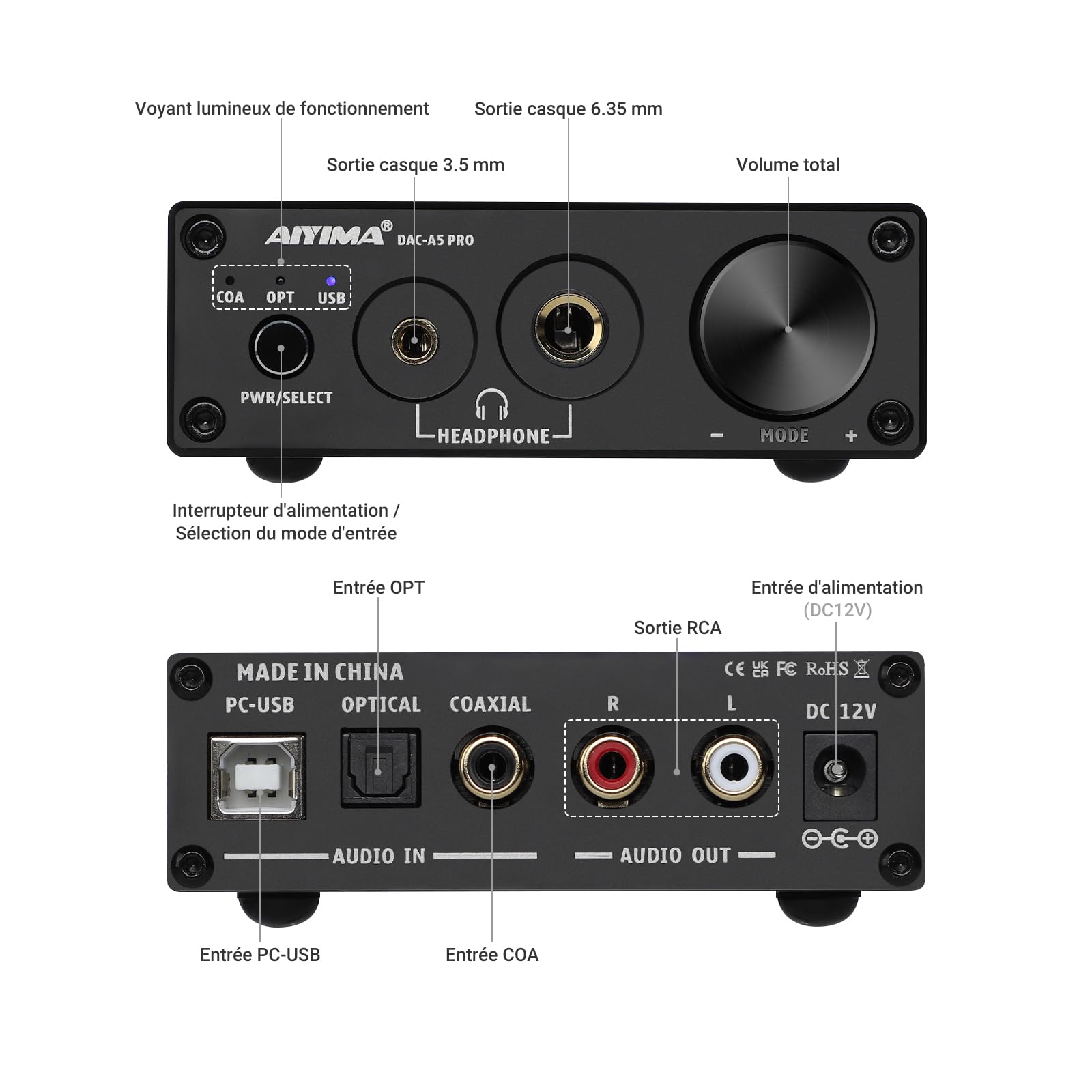 AIYIMA DAC A5 Pro Mini amplificateur casque HIFI USB DAC décodeur Audio 24BIT 192KHz Mini décodeur stéréo avec DC12V