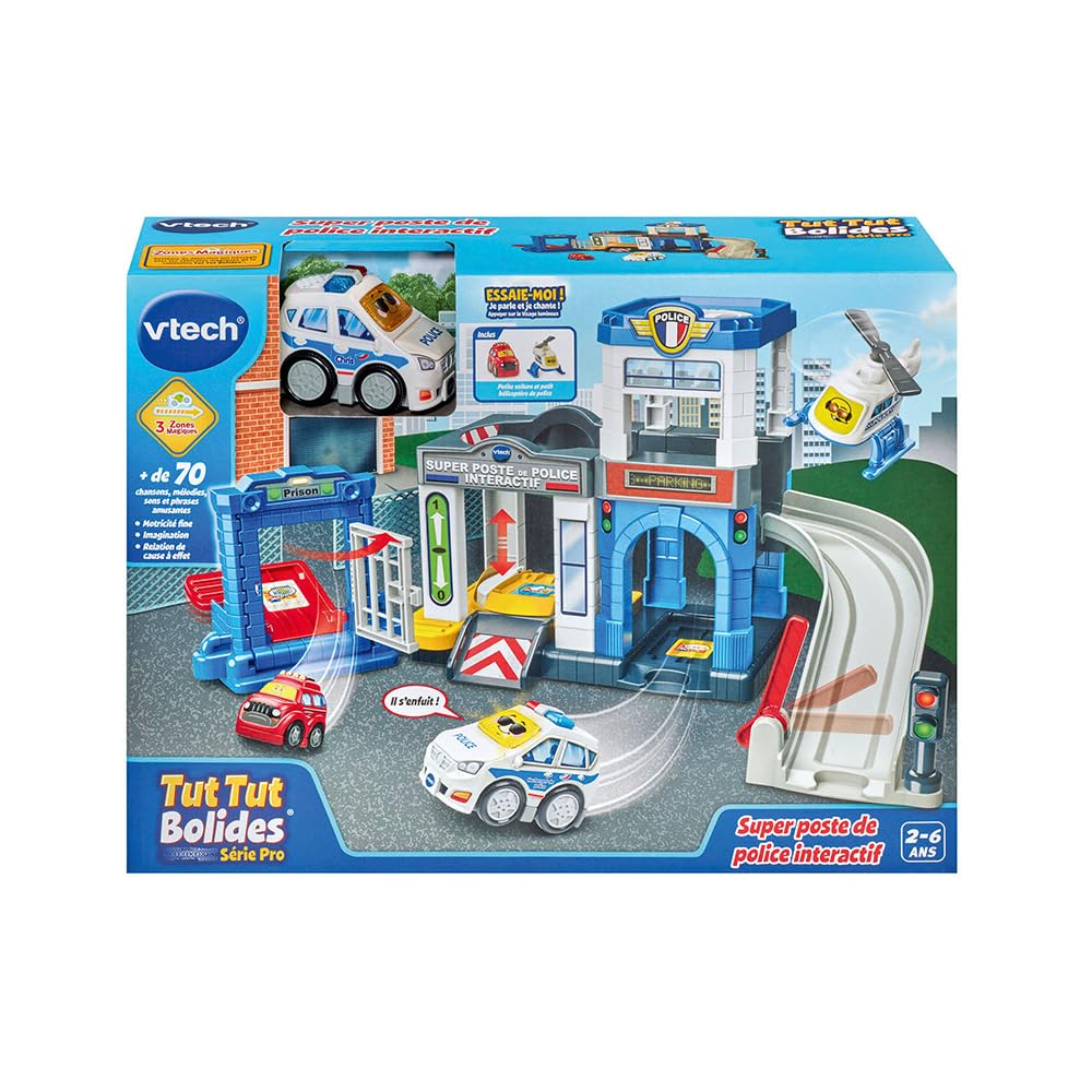 VTech - Tut Tut Bolides Série Pro, Super Poste de Police Interactif avec Voiture Chris Lieutenant de Police, Circuit Voitures, 3 Zones Magiques, Cadeau Enfant de 2 Ans à 6 Ans - Contenu en Français