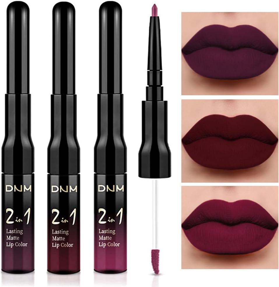 evpct 3Pcs Dark Red Purple Plum Lip Stain Paint Matte Lip Liner and Lipstick Set Long Lasting Smudge Proof labiales matte mate larga duracion listip 24 hours a prueba de agua mate 24 horas originales