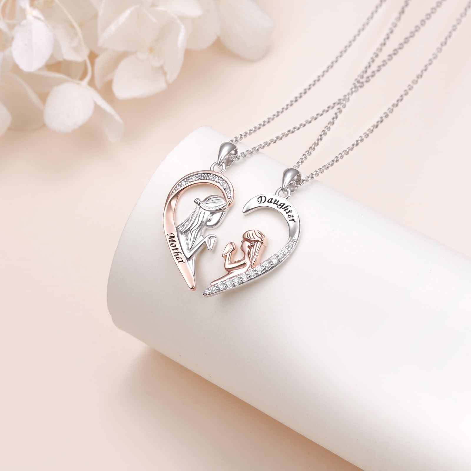 Flyow Mutter Tochter Matching Halskette Set 925 Sterling Silber 2 Herz Anhänger Schmuck Geschenke für Mutter Tochter