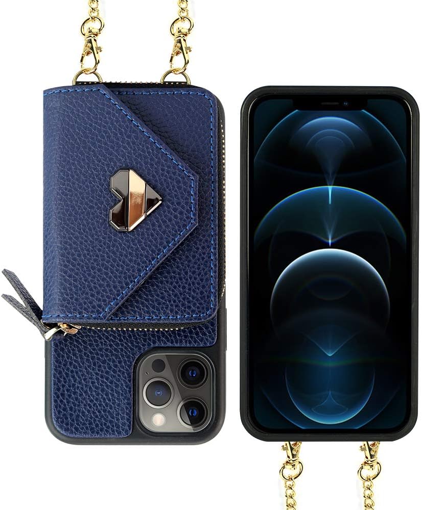 Wallet Case for iPhone 12 Pro Max, JLFCH iPhone 12 Pro Max Crossbody Case with Zipper Credit Card Holder Wrist Strap Lanyard Purse Compatible with iPhone 12 Pro Max (2020), 6.7 inch - Dark Blue