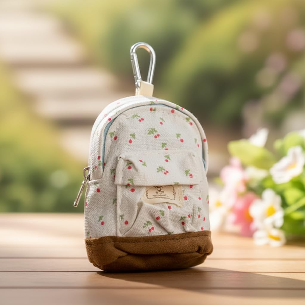 Mini Backpack Coin Purse, Canvas Key Chain Wallet, Floral Design Zipper Pouch, Coin Purses and Pouches (Apricot)