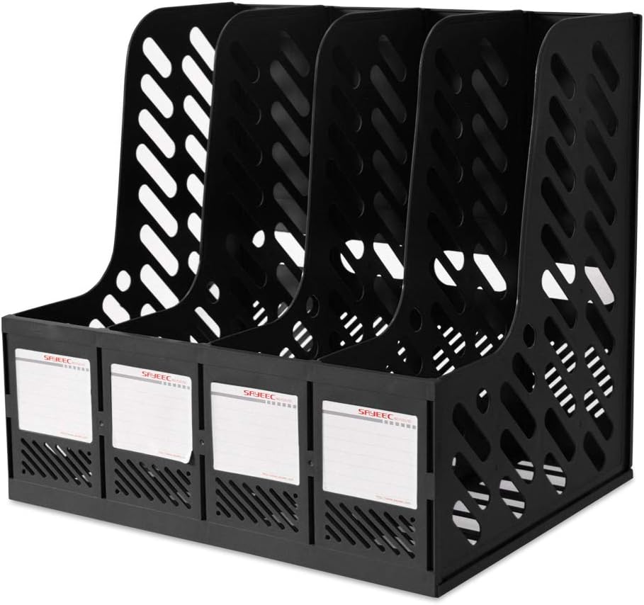 Marte Vanci Magazine File Holder, Plastic A4 Paper Organiser, 4 Vertical Slots Desk Document Folder Holder Book Rack for Office Desktop Bookshelf Cabinet Home School Storage with File Bag Black