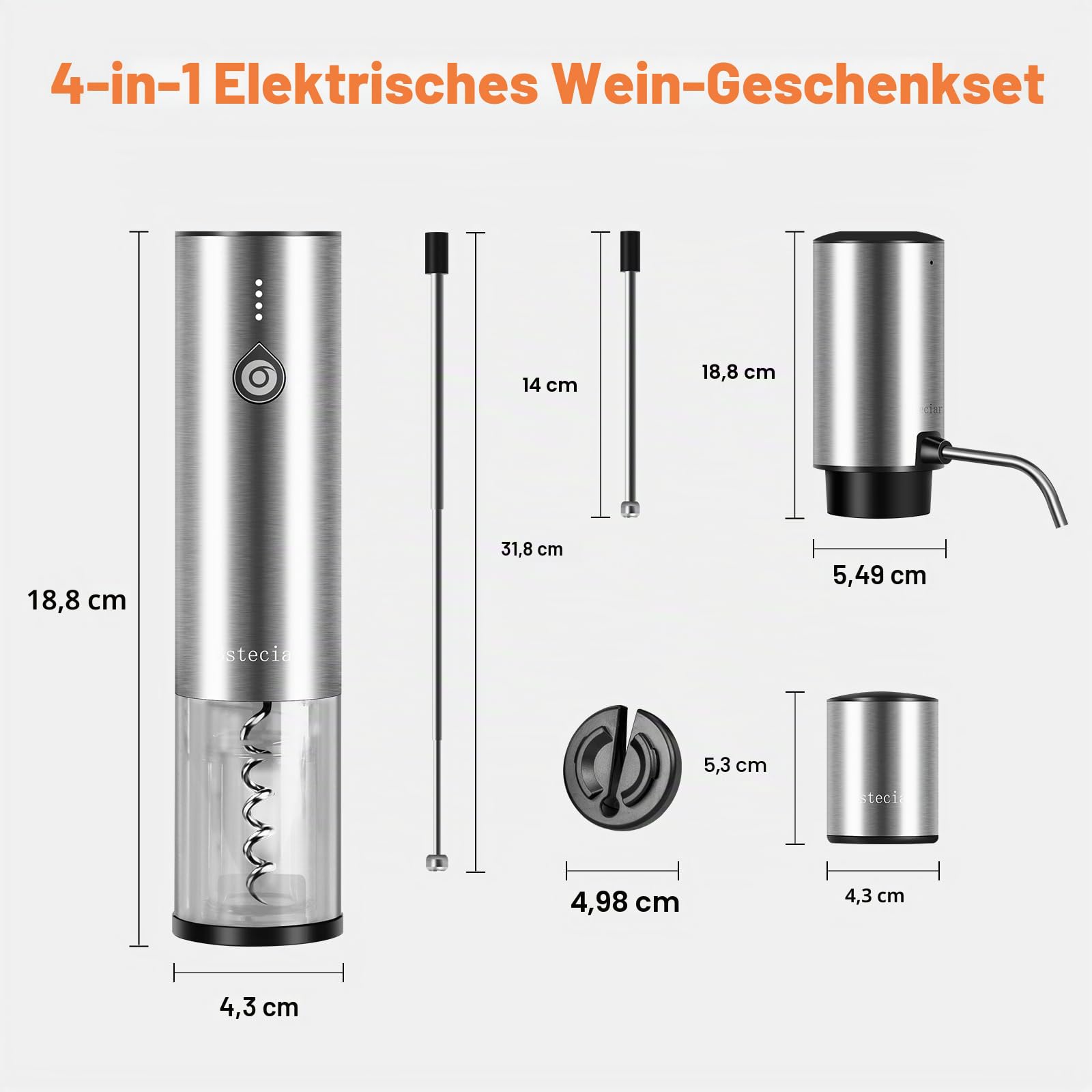 Elektrischer Weinkorkenzieher 4-in-1 Geschenkbox Set mit Automatischer Weindekanter & Weinöffner, Vakuumstopfen, Kapselschneider - USB-C Schnelladung für Weinliebhaber