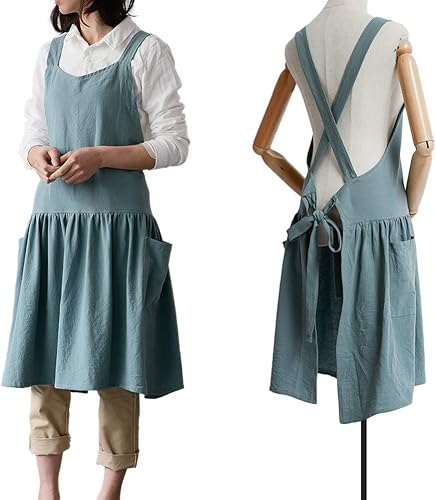 Miniatura 5 de NEWGEM Delantal de lino y algodón con espalda cruzada para mujer, con bolsillos para cocinar, pintura, color beige, sin lazos en la cintura