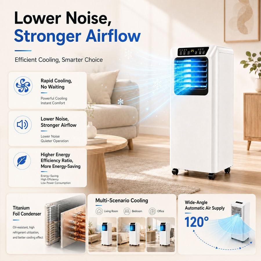 Climatizzatore Portatile Silenzioso e Smart per Camera da Letto e Ufficio 7000BTU | Modalità Raffreddamento, Deumidificazione e Sonno con Telecomando, Timer 12 Ore e Oscillazione 120° per Camera e Ufficio