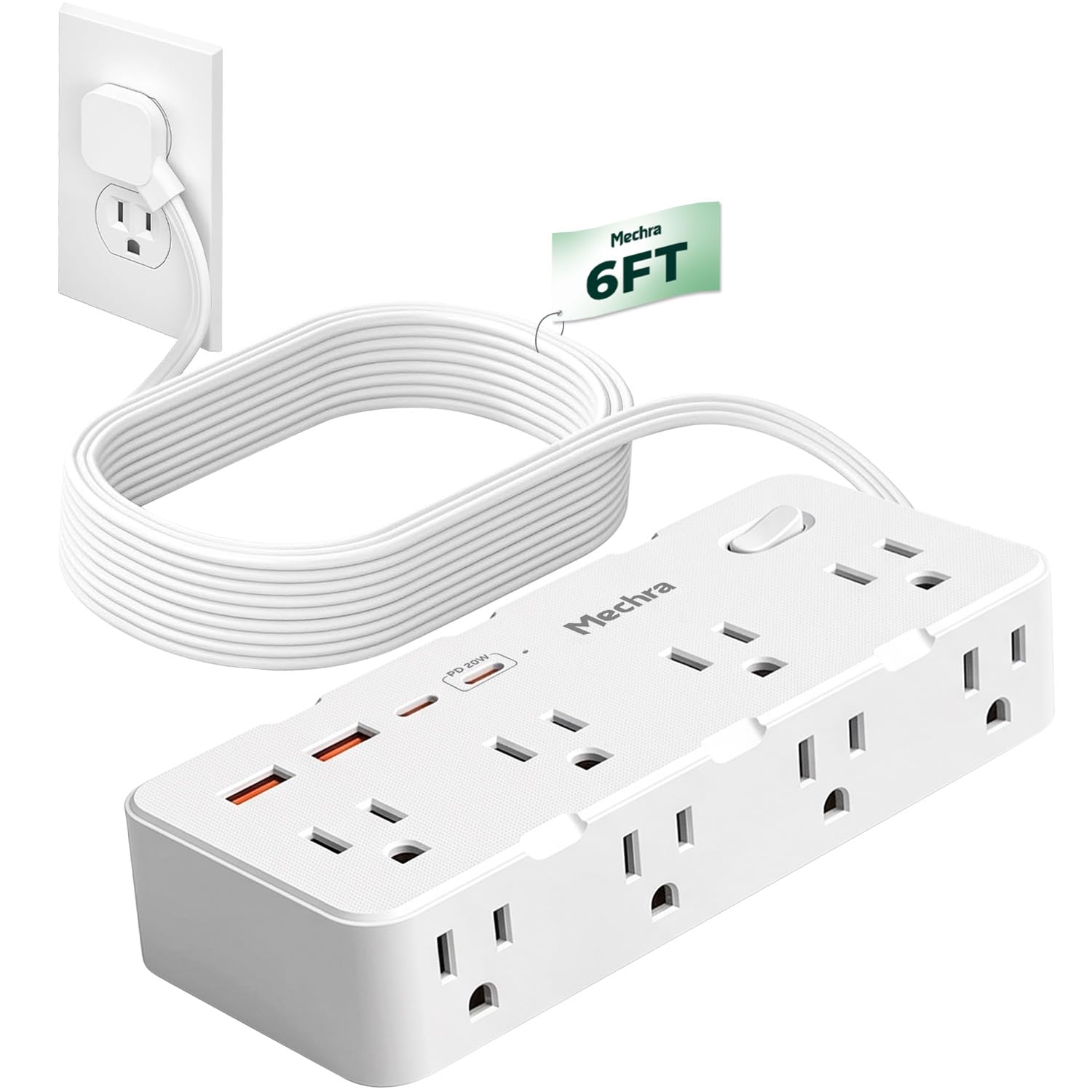 6FT Flat Extension Cord Power Strip, Fast Charging, Wall Mount