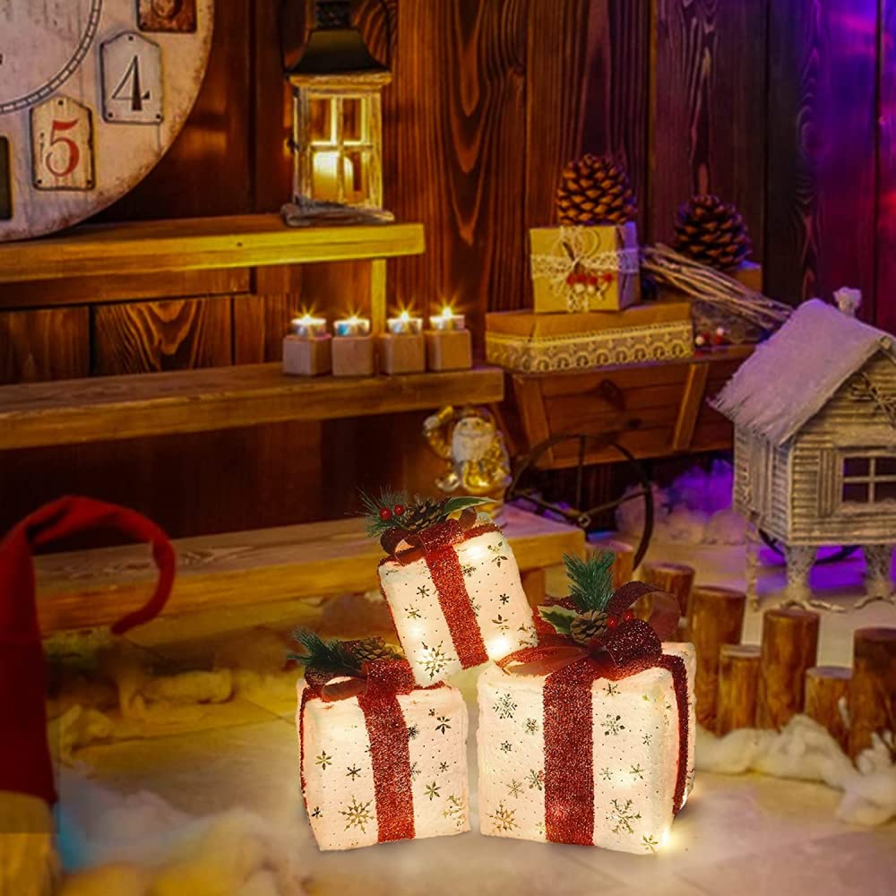 Cajas de regalo para Navidad, Juego de 3 cajas de regalo con iluminación navideña y adornos de cajas de regalo con luz LED de Papá Noel, 60 luces LED blancas cálidas for jardín
