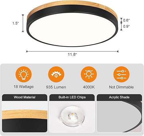 Miniatura 4 de Vikaey Moderna lámpara de techo LED de madera, simple lámpara de techo gris empotrada, accesorios de iluminación circular cerca del techo para sala