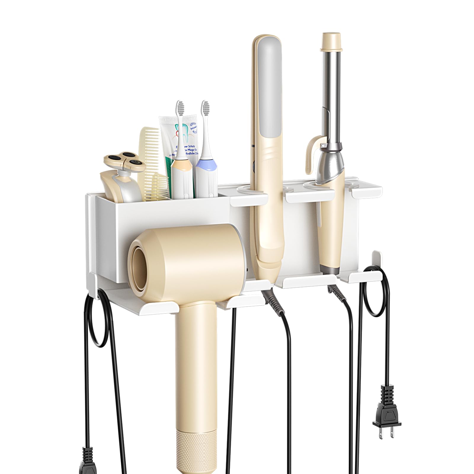 ZDDLOINP Hair Dryer Holder with Plug Hook & Storage Basket, Curling Iron&straightener Holder, Hair Styling Care Tool Organizer, Hairdryer Holder Wall Mounted for Bathroom, Salon White
