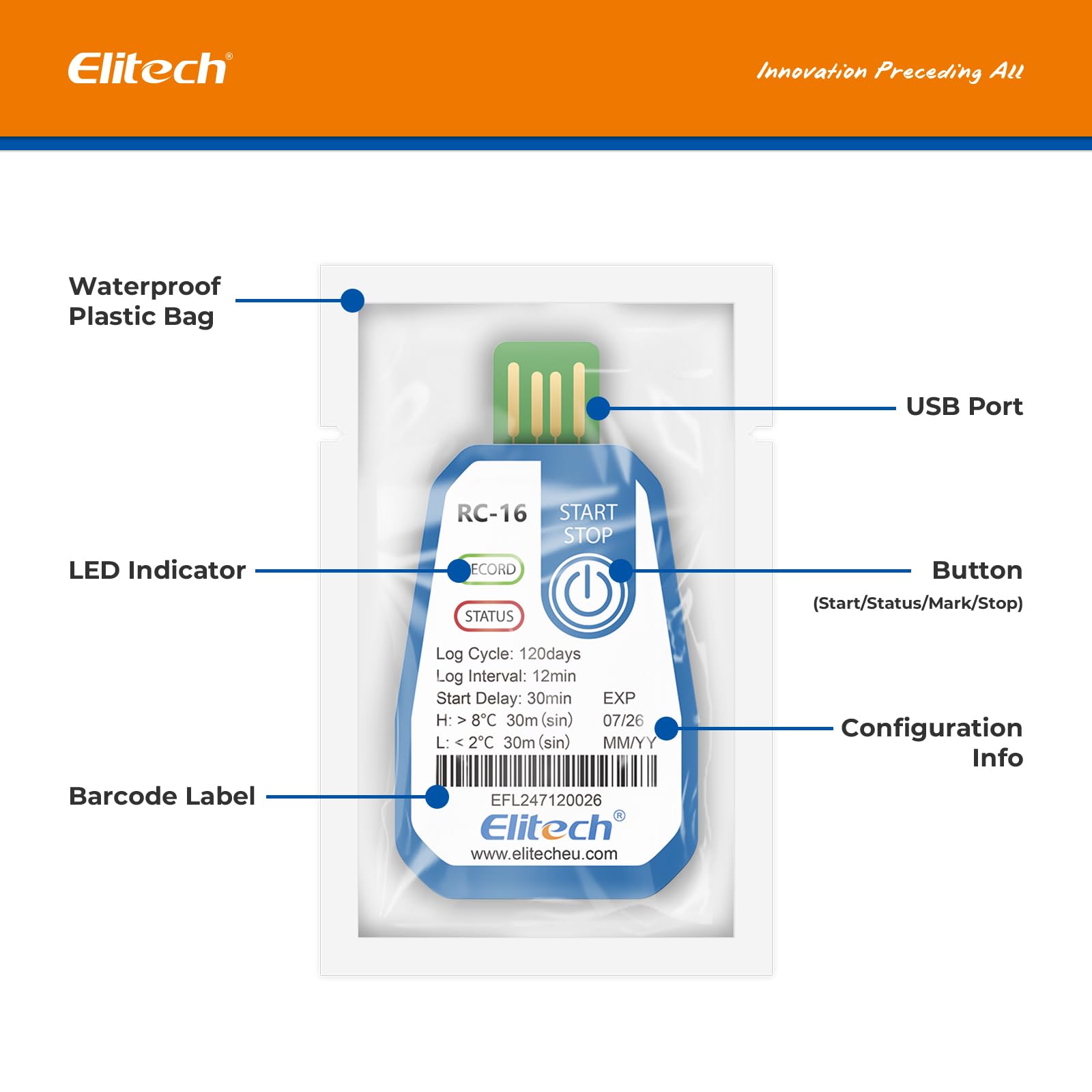 Elitech Registrador de Temperatura Desechable RC-16 10PACK