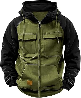 XSTH Zipper Hoodies for Men Fall Winter Vintage Tactical Hoodie Casual Long Sleeve Cargo Sweatsuit Zip Up Jacket