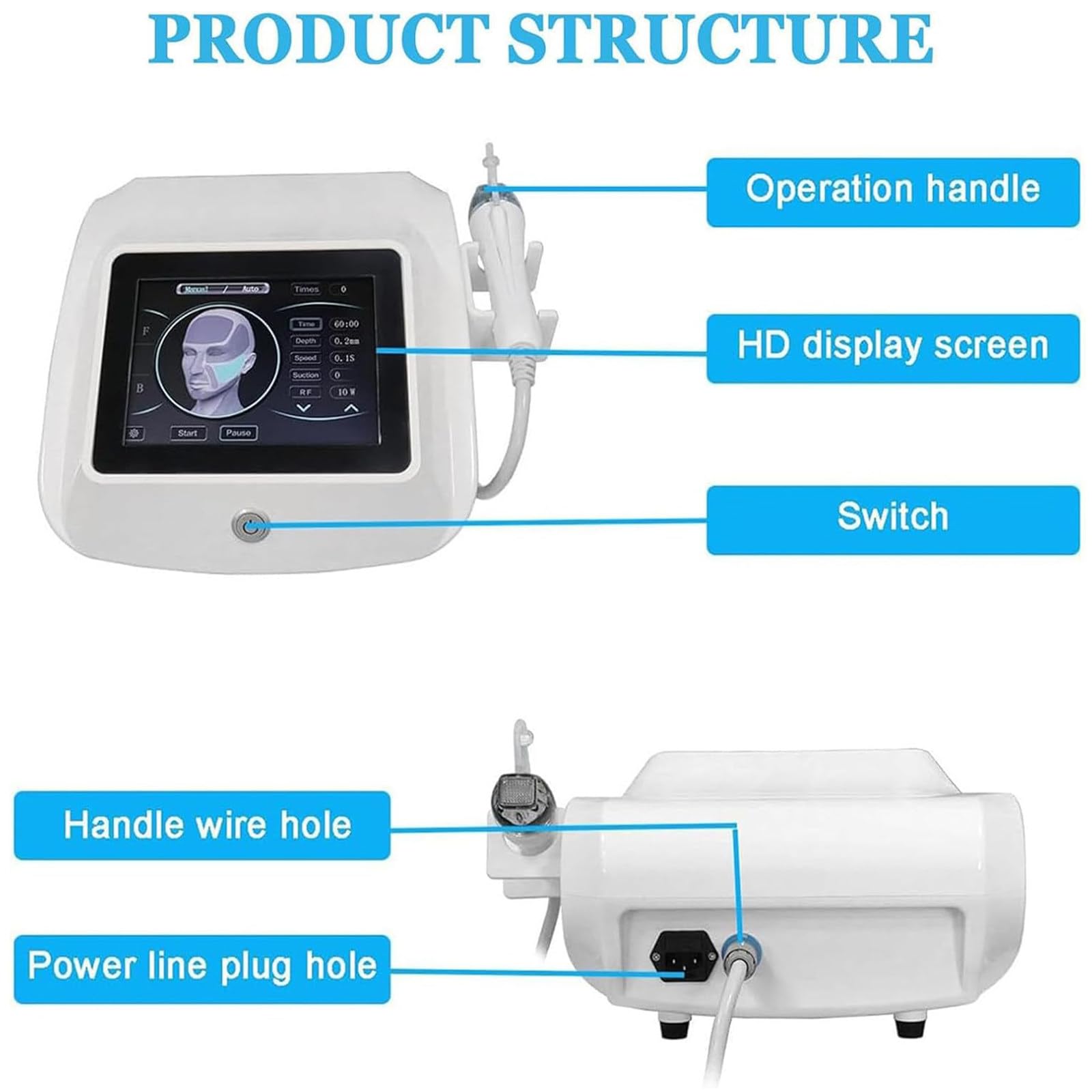 Máquina de Microagujas RF Fraccional, Máquina de Microagujas de Radiofrecuencia Reparación de Cicatrices Rejuvenecimiento de la Piel para Ojos con 4 Cabezales y 2 Mango