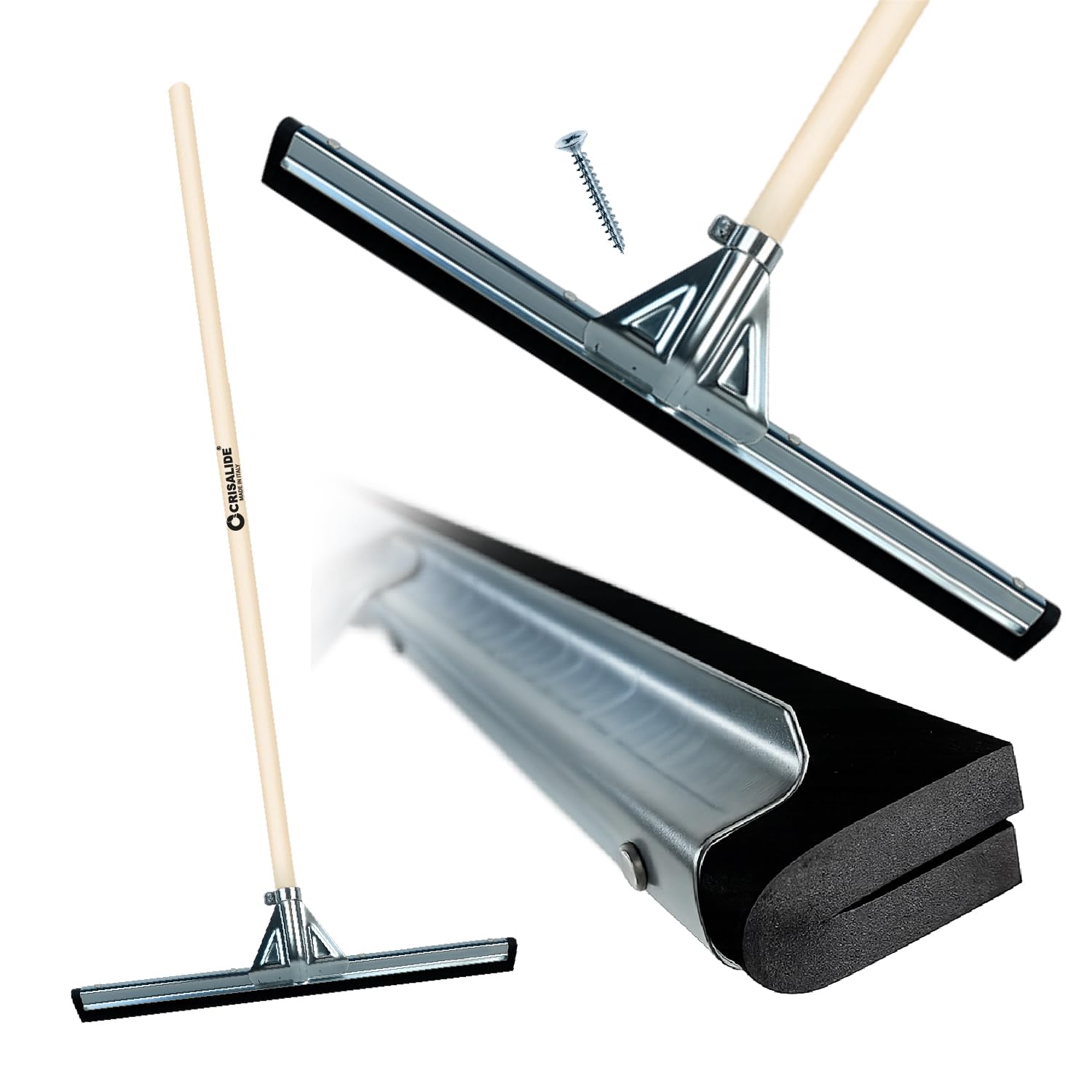 Crisalide® Tergipavimento Spingiacqua Professionale con Manico in Legno da 150 cm, Gomma Doppia, Asola in Metallo, 45/55/75 cm (LARGE 75cm)