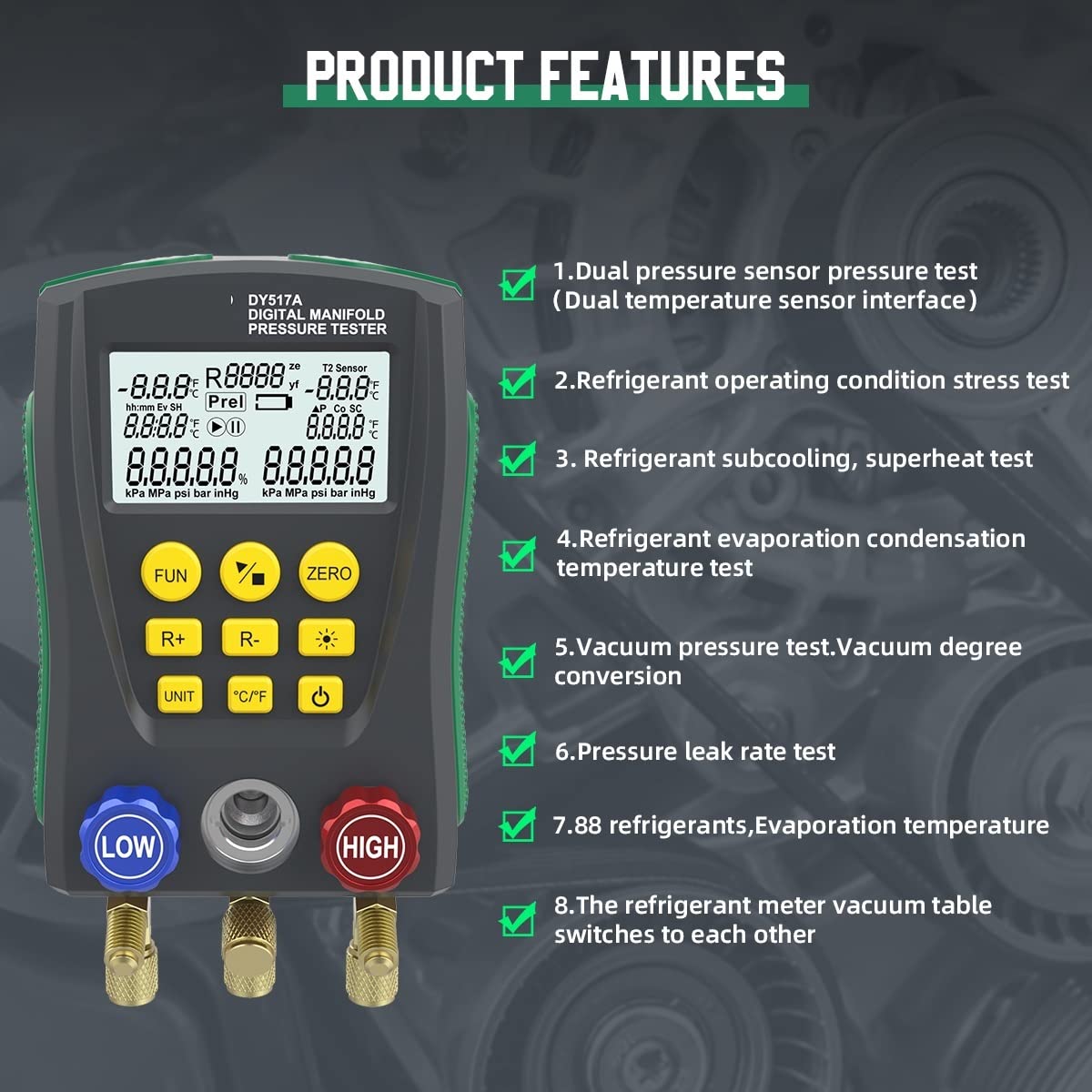 DY517A Misuratore di collettore digitale Aria condizionata Vacuometro for refrigerazione HVAC Tester di temperatura della pressione del vuoto