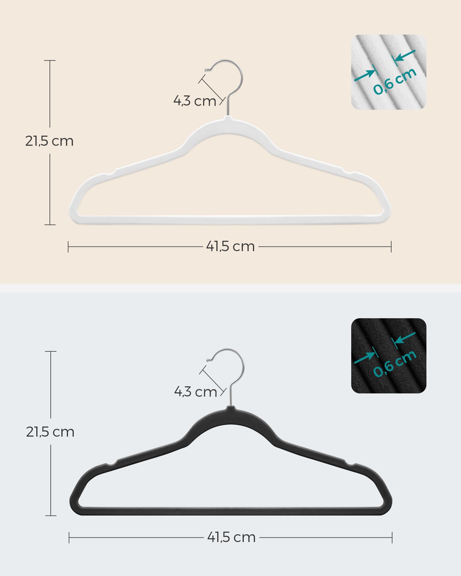 SONGMICS Grucce Velluto 100 Pezzi, Grucce Appendiabiti Lunghe 41,5 cm, Salvaspazio, Capacità di Carico Elevata, Ganci Girevoli a 360°, per Cappotti Camicie Completi, Nero CRF026B100