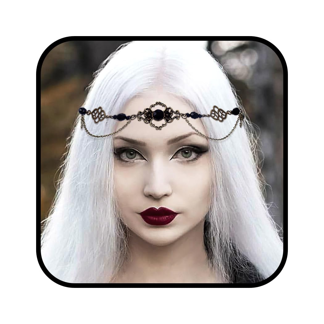 Tgirls Black Head Chain Halloween Crystal Headpieces Boho Forehead Chain for Women (Bronze-1, One Size)