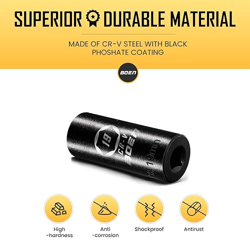 Miniatura 4 de BOEN Zócalos de impacto profundo de 12 pulgada, enchufe de impacto premium, enchufe de 0.748 in, métrico, 6 puntos, acero Cr-V con marcado láser,