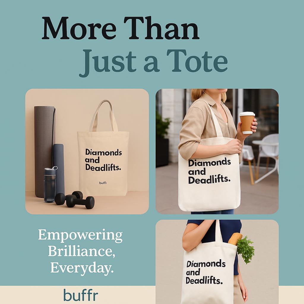 BUFFR “Diamonds and Deadlifts” Canvas Tote – Cute Gym Bag for Women with Soft Handles – Durable, Lightweight Cotton Tote for Daily Essentials or Fitness Gear