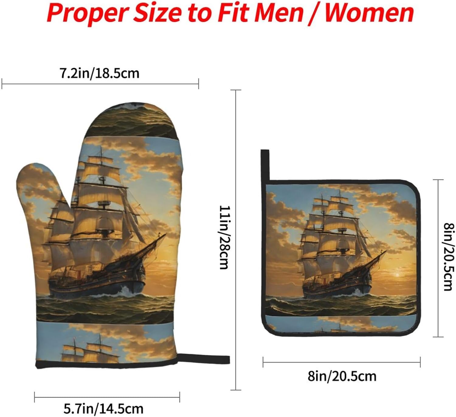 (Fantasy Pirate Ship) Baking 4-Piece Set: 2 Oven Mitts and 2 Pot Holders Heat Resistant Waterproof Hanging Loop for Kitchen Oven Grill Housewarming Gifts