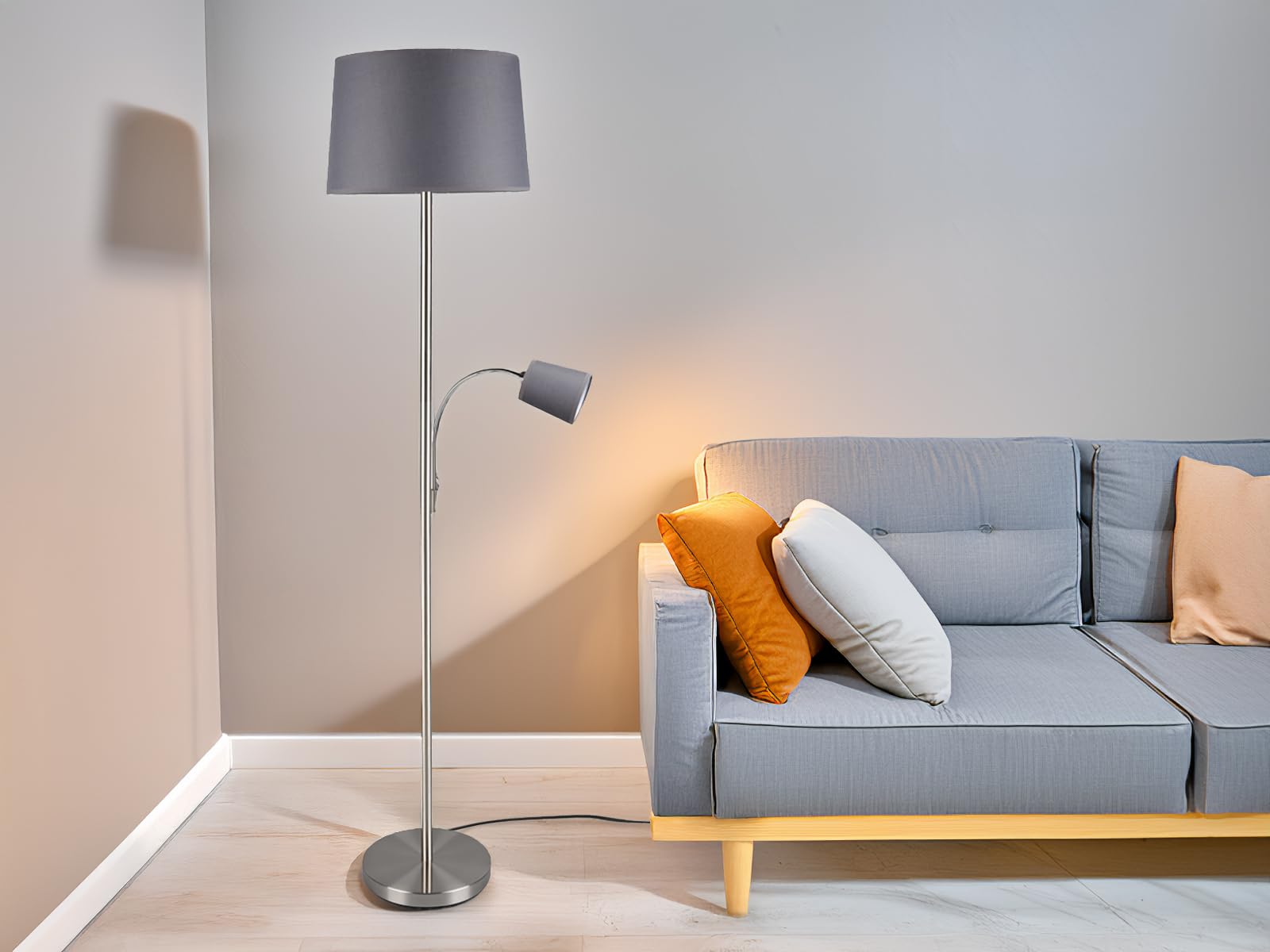 meineWunschleuchte Lampa podłogowa z lampką do czytania w kolorze srebrnym matowym z kloszem z tkaniny Ø40cm w kolorze szarym, SP1010218G