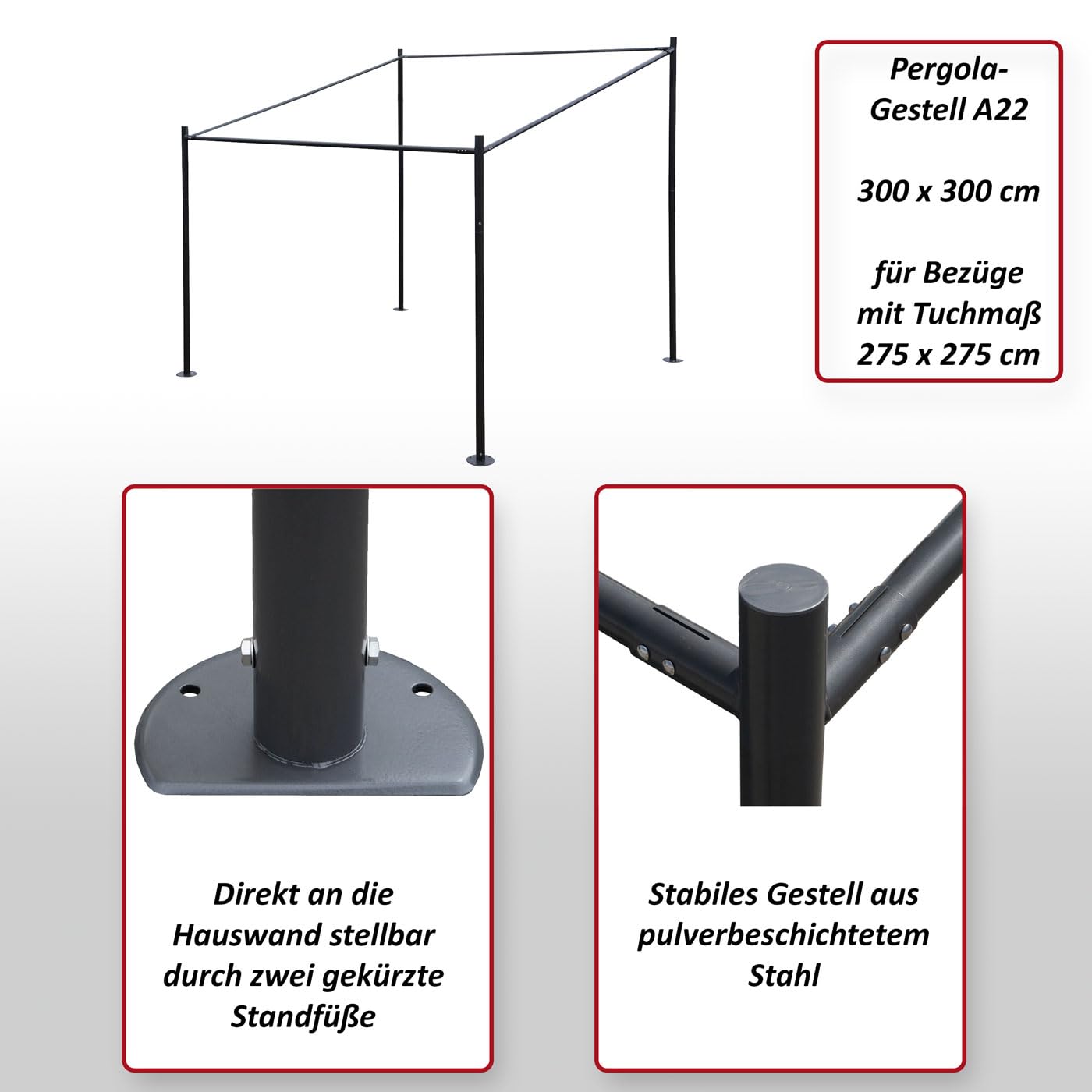 Mendler Pergola-Gestell HWC-A22 Stahl 3x3m