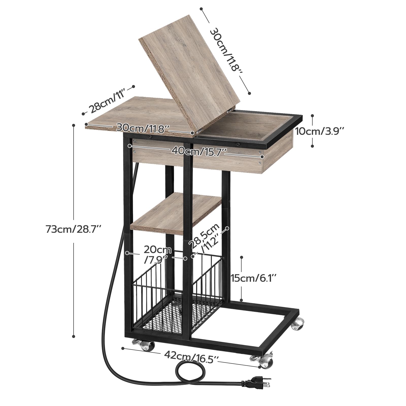 HOOBRO Side Table with Charging Station, Flip C Shape Sofa Table, Coffee Table with Wheels and Shelf, Bedside Table for Living Room, Bedroom, Dark Brown EBF022SF01G1