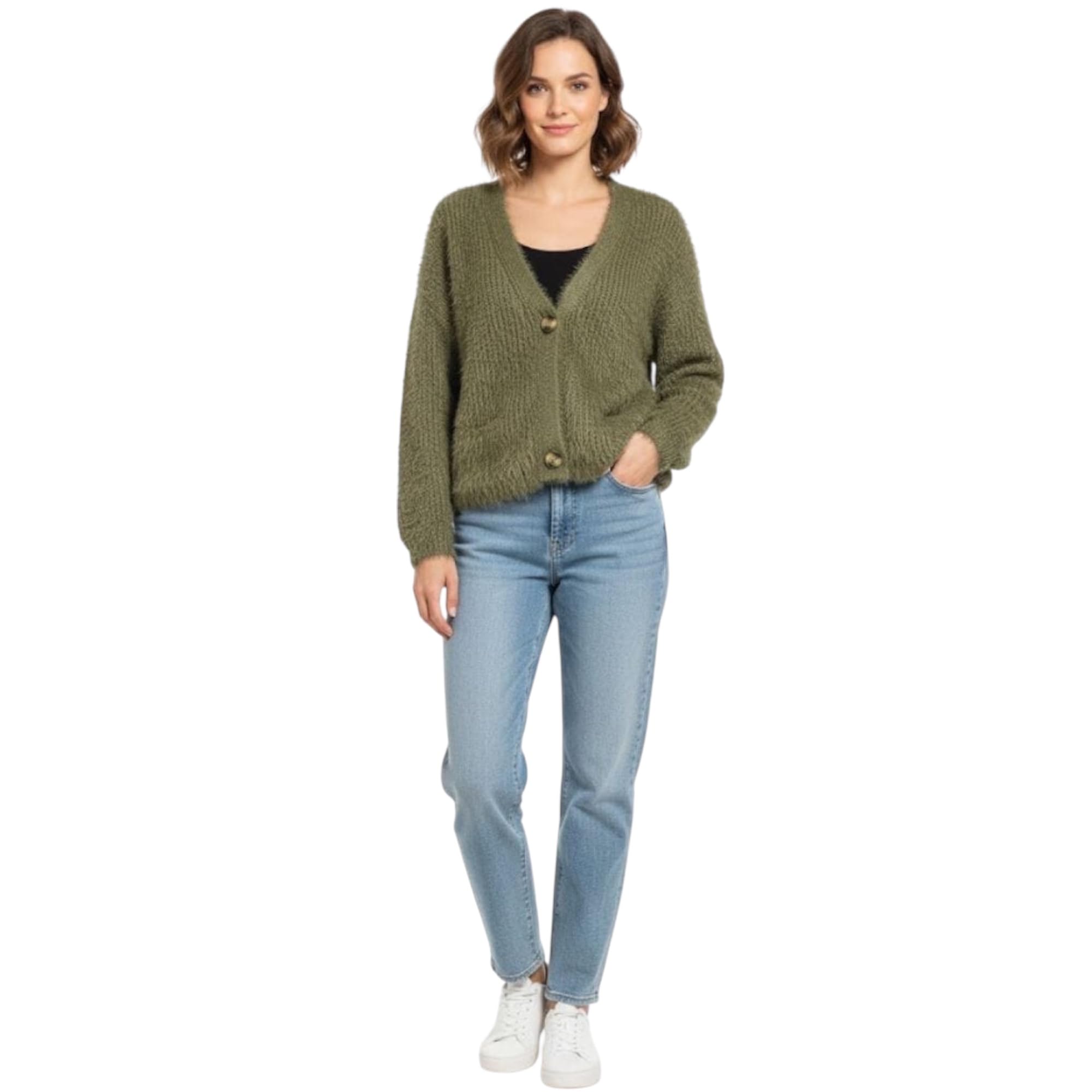 Women's Olive Green Faux Fur Open Front Cardigan Long Sleeve Winter Shrug Free Size-image-47