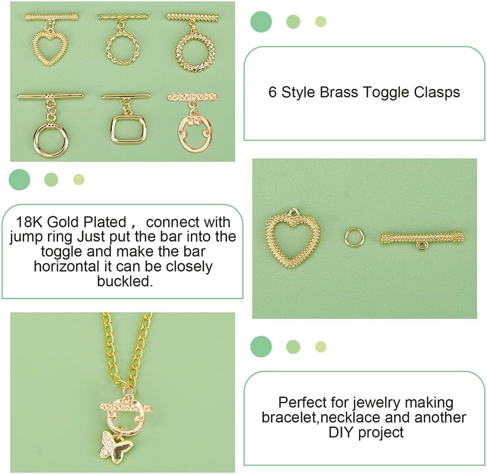 PH PandaHall 18K Toggle Clasps, 6 Styles T-Bar Closure Clasp 12 Sets Jewelry Clasps Flower Ring Leaf IQ Brass Bracelet Clasp for Necklace Making - Image 5