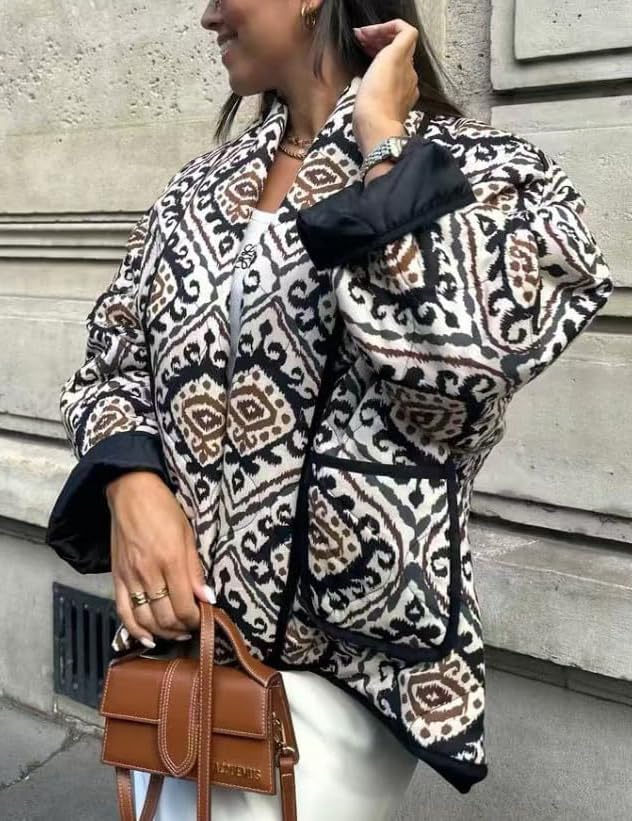 Omoone Women's Quilted Jacket Cardigan Lightweight Floral Print Open Front Padded Puffer Jackets4