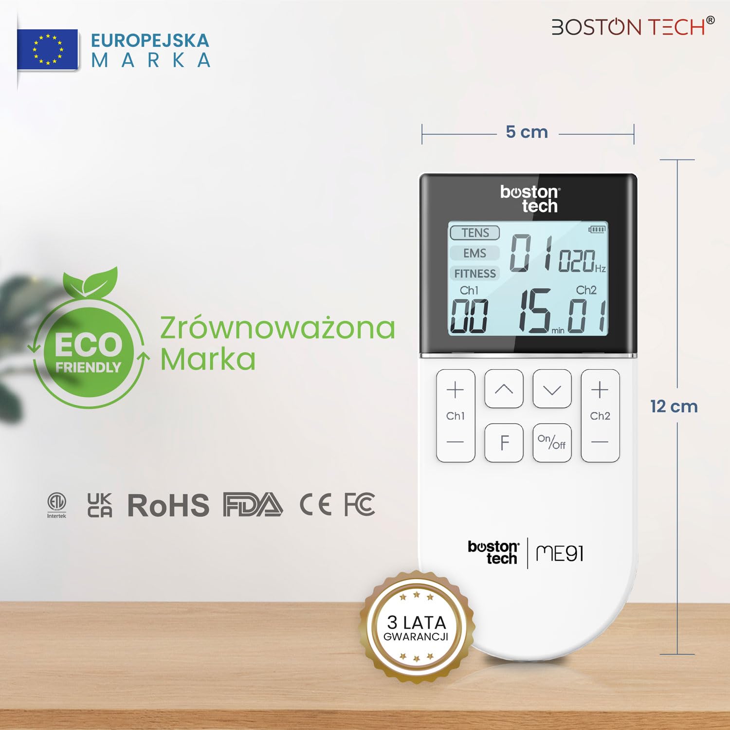 Boston Tech Elektrostymulator mięśni. TENS z 2 niezależnymi kanałami, z 3 trybami pracy TENS/EMS/Fitness. 50 ustalonych programów. 4 elektrody + 16 w prezencie, łącznie 20