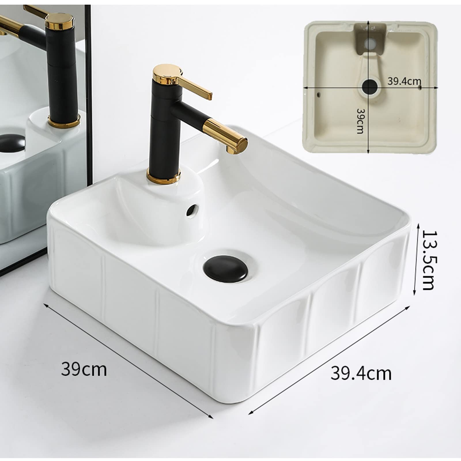 Baño Lavabo Combinación de fregadero y grifo de baño, 15x15 pulgadas, sobre encimera, lavabo de baño, lavabo blanco, fregadero pequeño con grifo negro mate Fregadero del baño