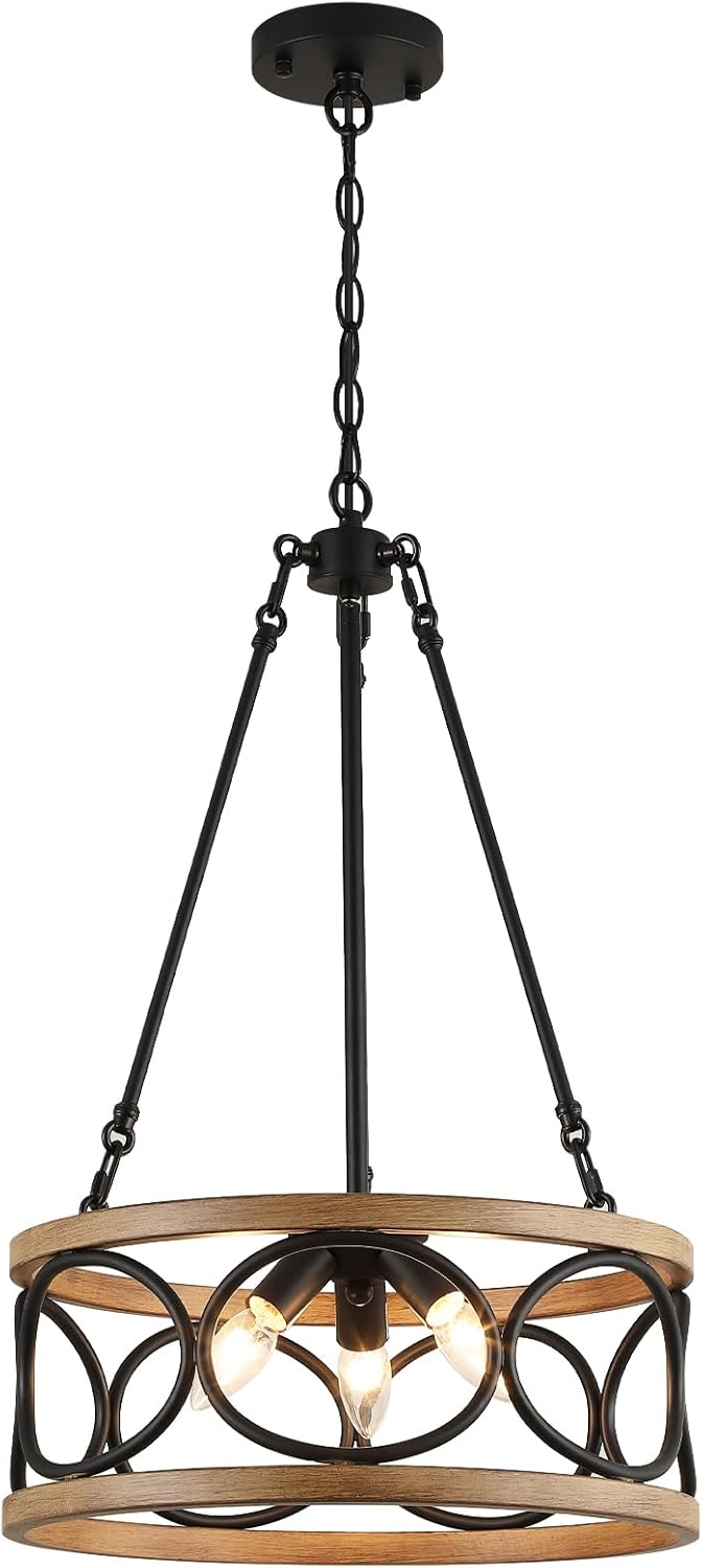 16‘’ Chandelier Farmhouse Style Black and Wood Hanging Light Fixture 3-Light Pendant Lighting with 47'' Height Adjustable Chain Dining Room, Living Room, Kitchen Island E12 Base - AJ9016P3WDBK