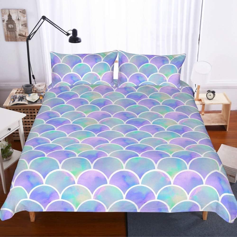 Mermaid Fish Scales Comforter Cover Single Size Lovely Women Bedding Set Geometric Decorative 2 Pieces Purple Green Duvet Cover Set Luxury Bedspread Cover with 1 Pillowcase Microfiber Zipper - Image 3