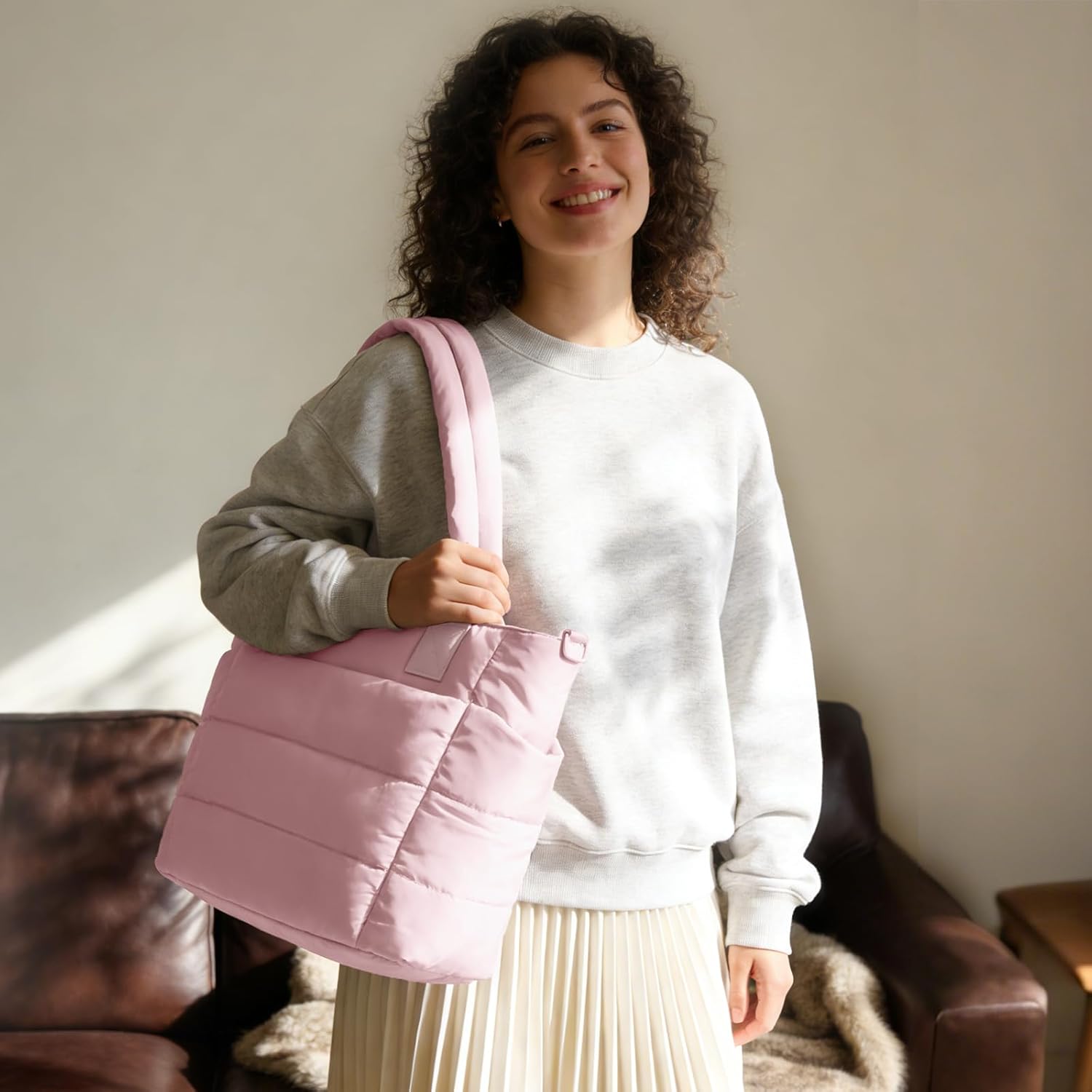 Tote Bag for Women Puffer Tote Bag Large Nurse Bags Shoulder Handbag with Zipper for Work Travel - Image 2